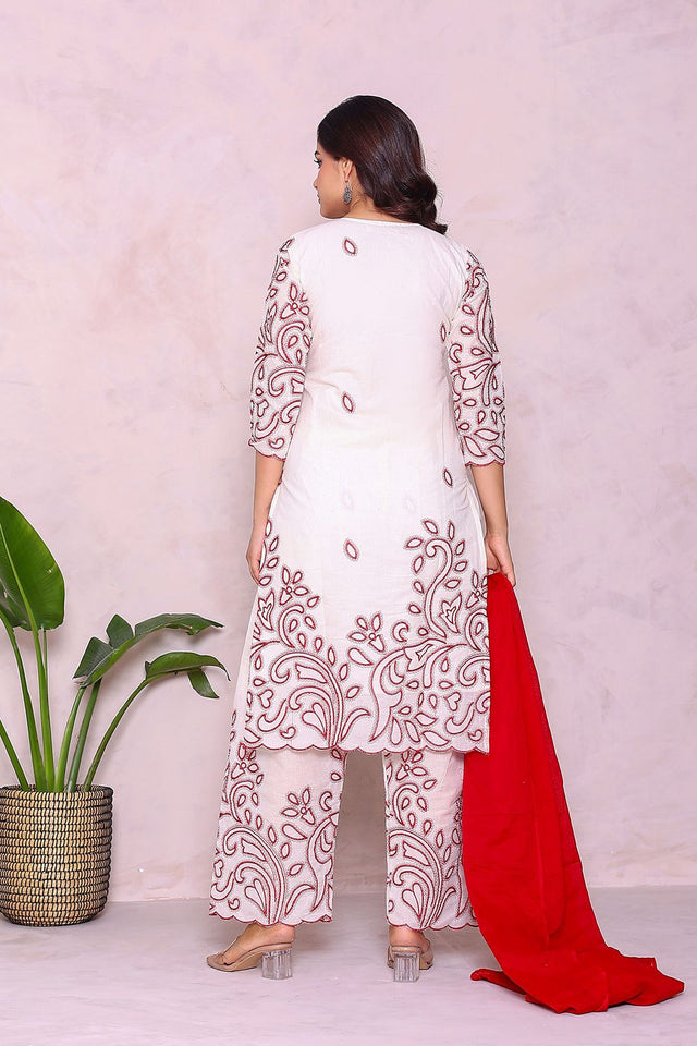 Off White Embroidered Cotton Kurti Pant Set (26Redkora)