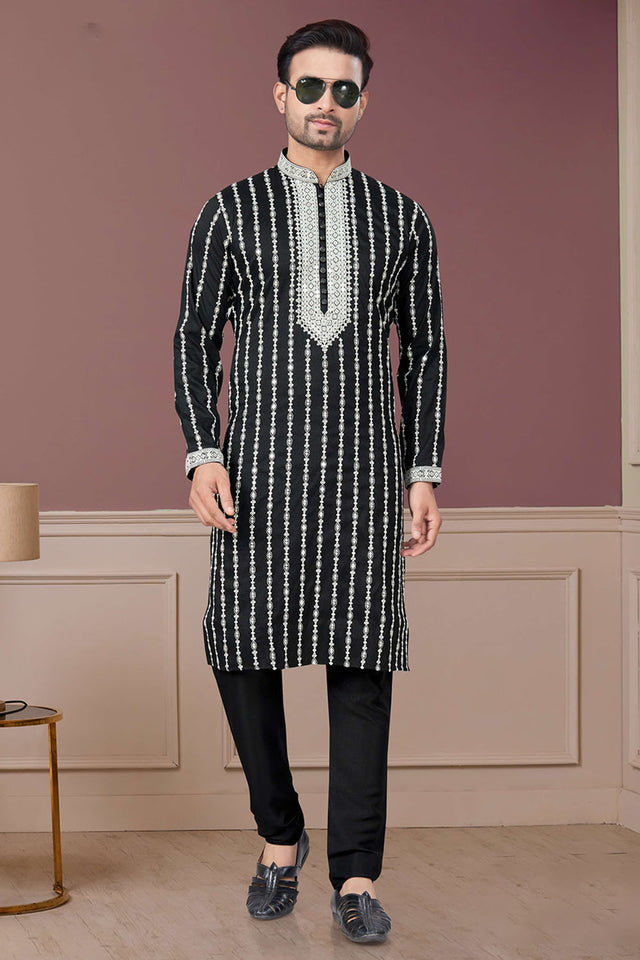 Black Sequin with Embroidered Silk Kurta Pyjama Set