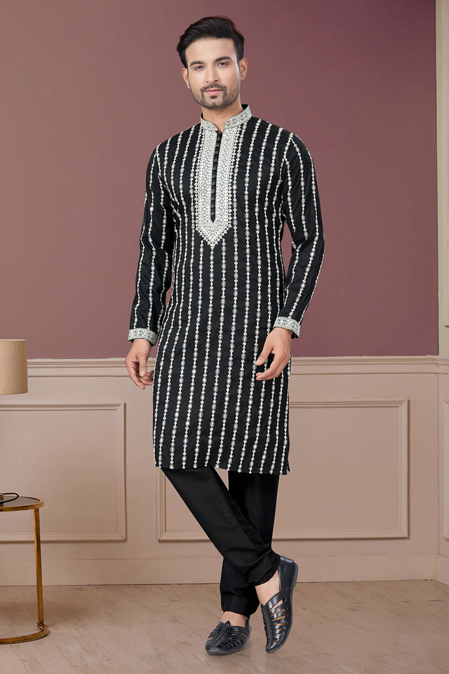 Black Sequin with Embroidered Silk Kurta Pyjama Set