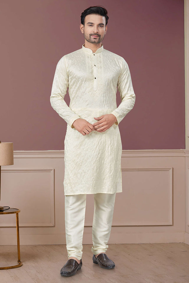 Cream Sequin with Embroidered Silk Kurta Pyjama Set