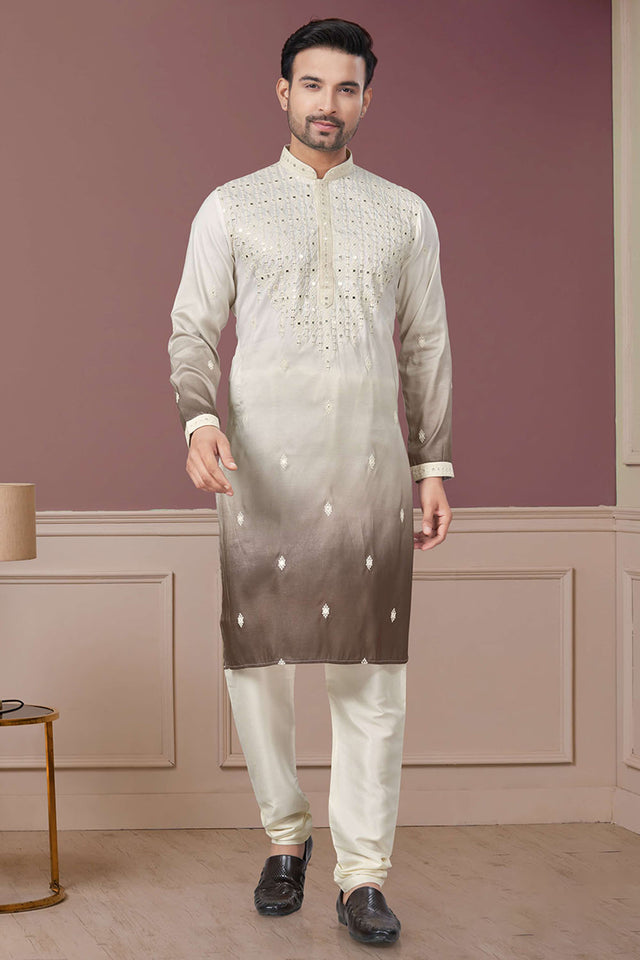 Cream Sequin with Embroidered Silk Kurta Pyjama Set