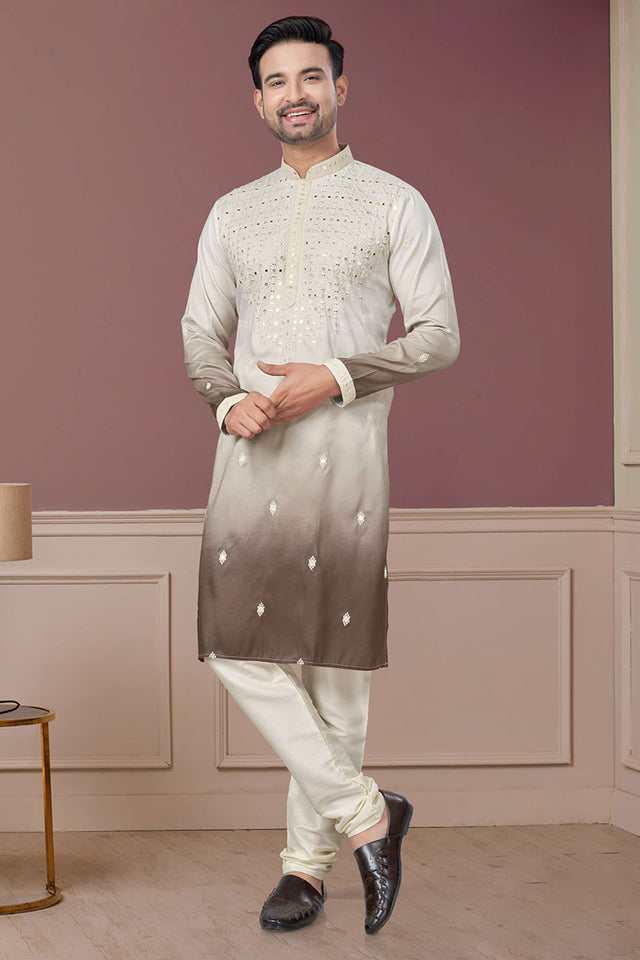 Cream Sequin with Embroidered Silk Kurta Pyjama Set