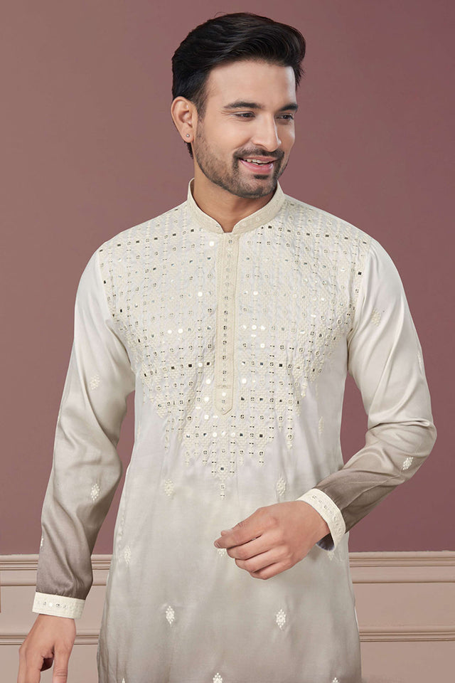 Cream Sequin with Embroidered Silk Kurta Pyjama Set