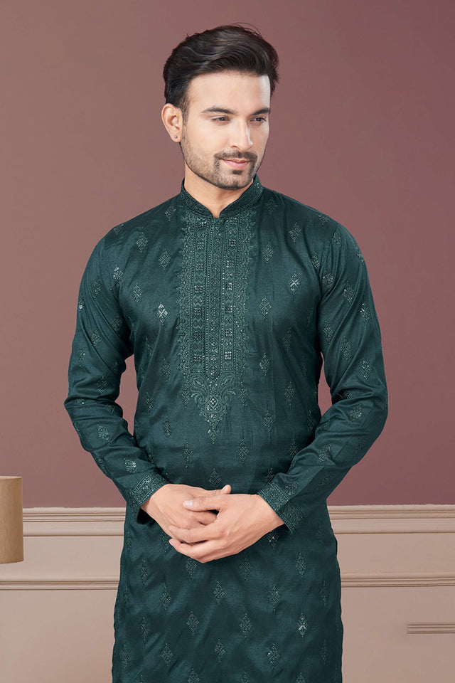 Green Sequin with Embroidered Silk Kurta Pyjama Set