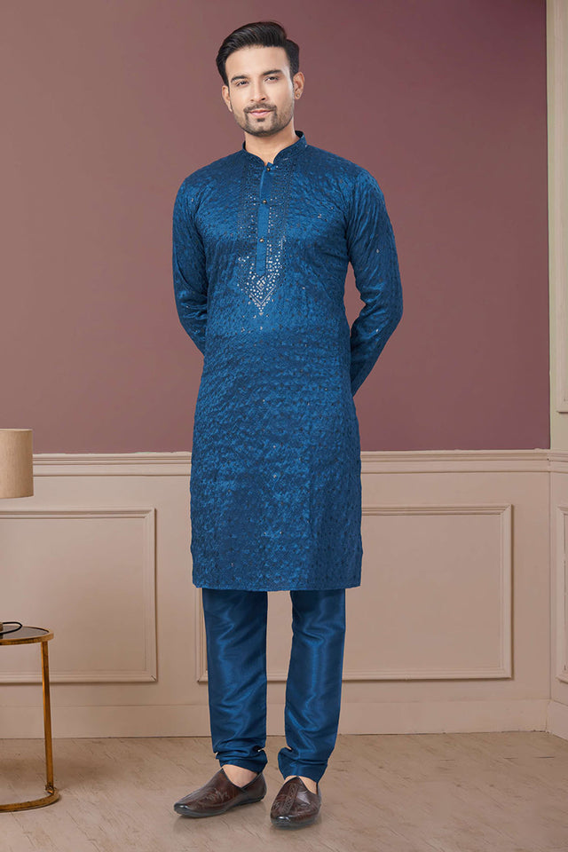 Blue Sequin with Embroidered Silk Kurta Pyjama Set