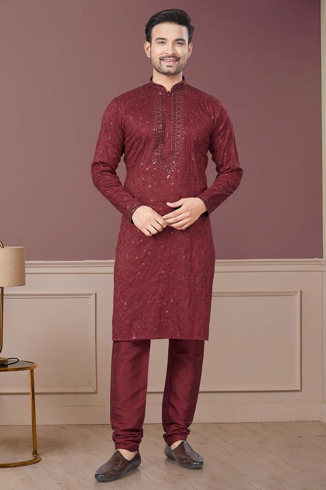 Maroon Sequin with Embroidered Silk Kurta Pyjama Set