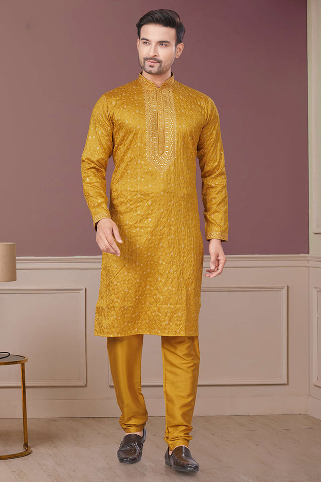 Yellow Sequin with Embroidered Silk Kurta Pyjama Set