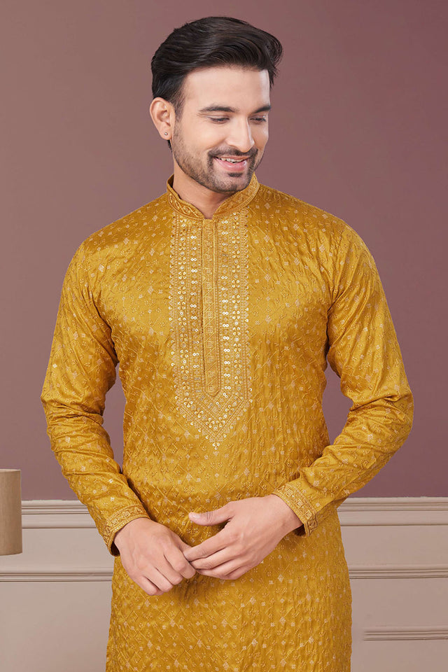 Yellow Sequin with Embroidered Silk Kurta Pyjama Set