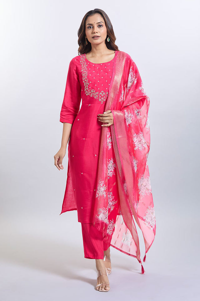 Pink Embroidered Chandheri Kurti Pant Set