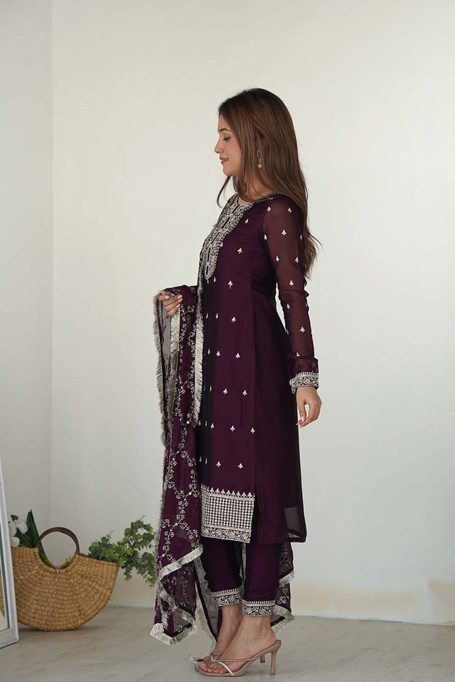 Red Embroidered Georgette Kurti with Pant