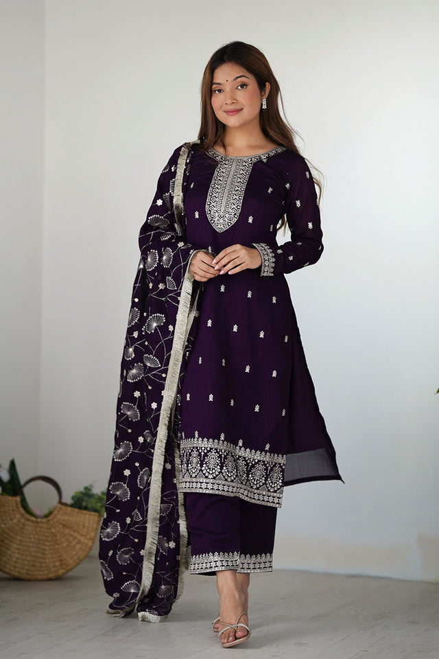Violet Embroidered Silk Straight Cut Suit Set