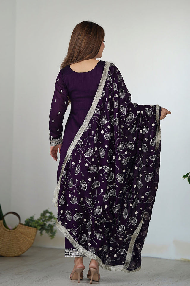 Violet Embroidered Silk Straight Cut Suit Set
