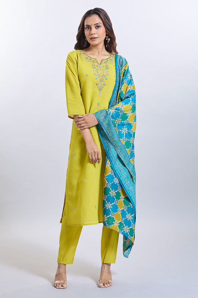 Yellow Embroidered Chandheri Kurti Pant Set