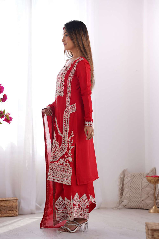 Red Sequin With Embroidered Silk Pakistani Suit Set