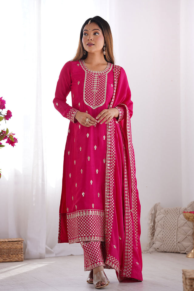 Pink Sequin with Embroidered Chinon Straight Cut Suit Set