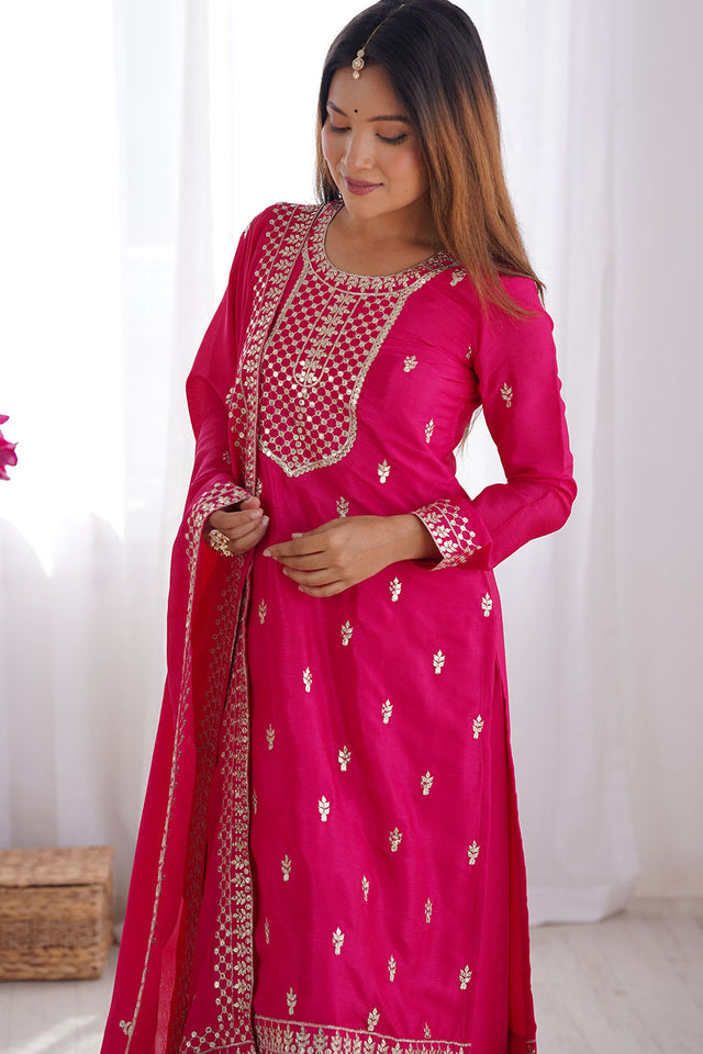 Pink Sequin with Embroidered Chinon Straight Cut Suit Set