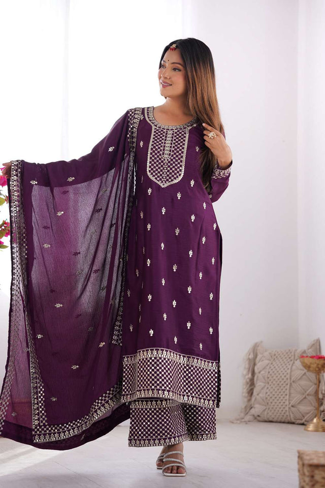 Wine Sequin Chinon Pakistani Suit Set