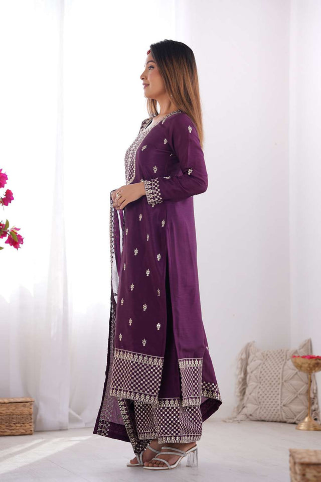 Wine Sequin Chinon Pakistani Suit Set