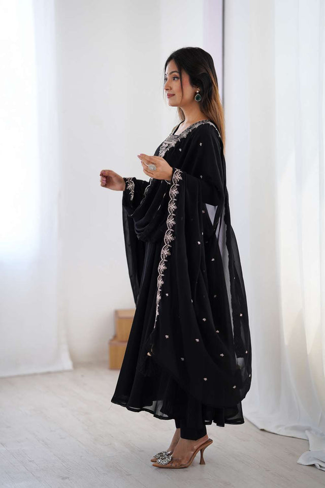 Black Embroidered Georgette Anarkali Suit Set
