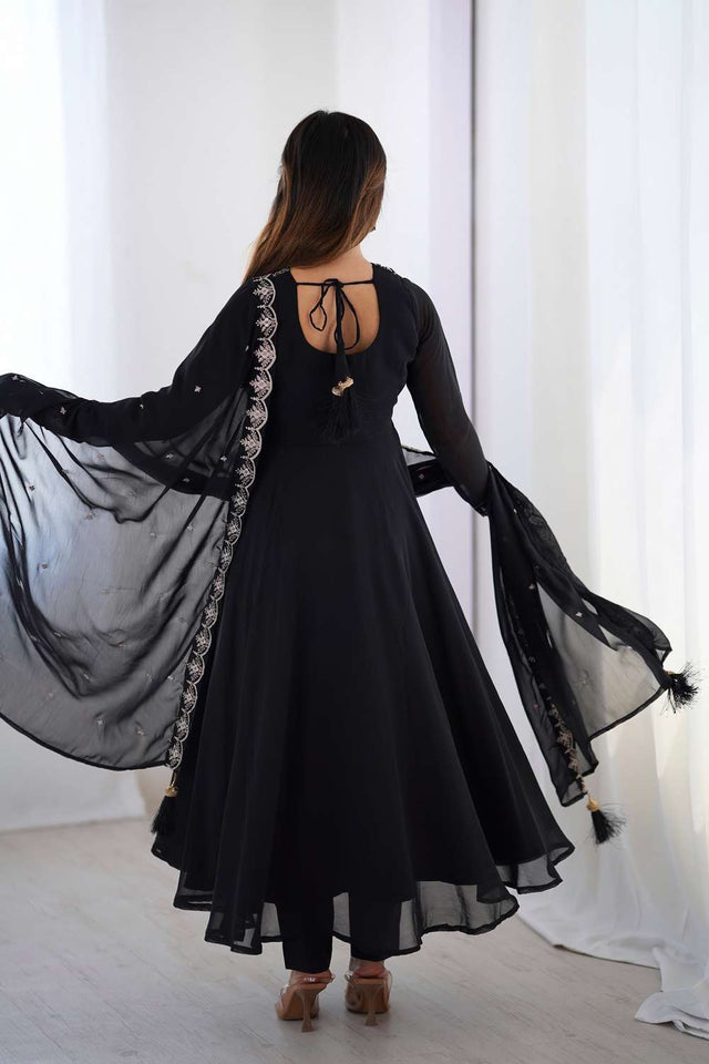Black Embroidered Georgette Anarkali Suit Set