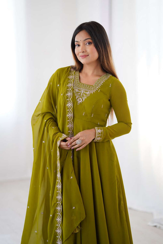 Dark Green Embroidered Georgette Anarkali Suit Set