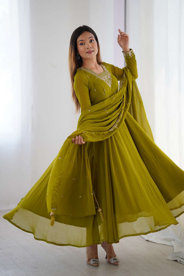 Dark Green Embroidered Georgette Anarkali Suit Set