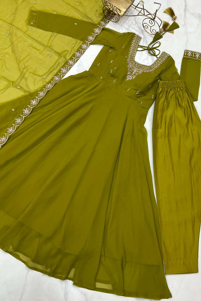 Dark Green Embroidered Georgette Anarkali Suit Set