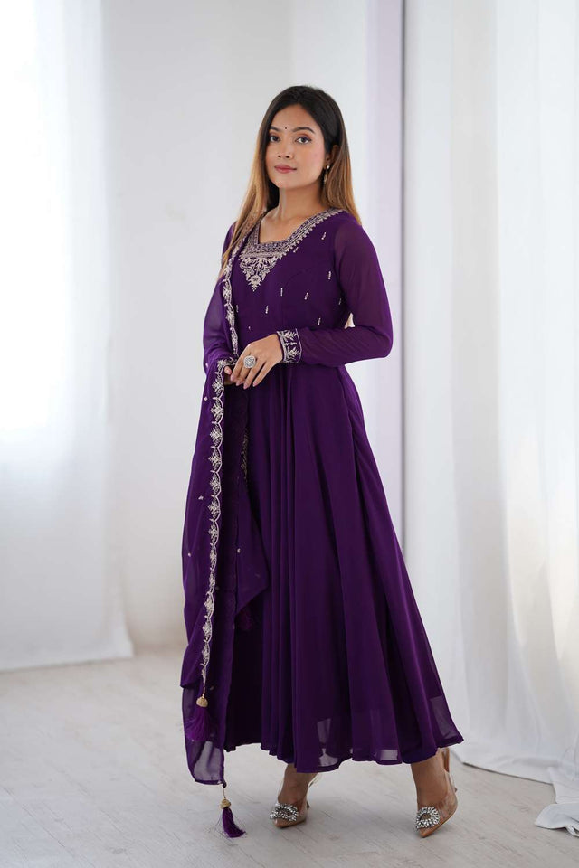 Violet Embroidered Georgette Anarkali Suit Set