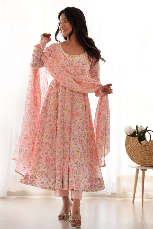 Pink Floral Printed Chiffon Anarkali Suit Set