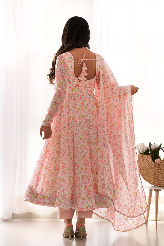 Pink Floral Printed Chiffon Anarkali Suit Set