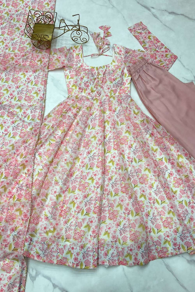 Pink Floral Printed Chiffon Anarkali Suit Set