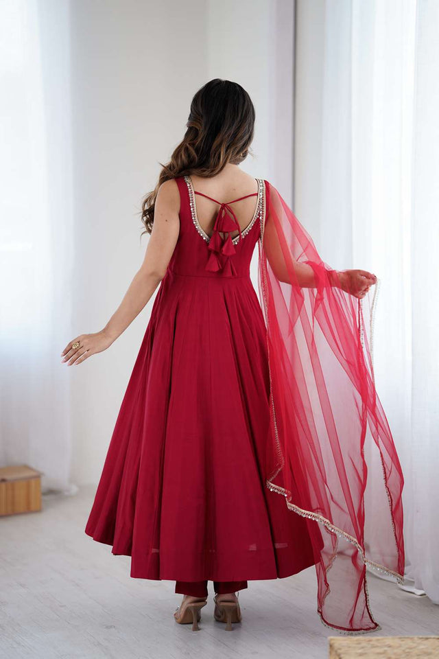 Maroon Solid Chanderi Anarkali Suit Set