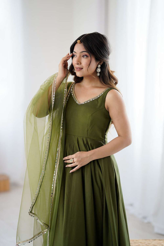 Dark Green Solid Chanderi Anarkali Suit Set