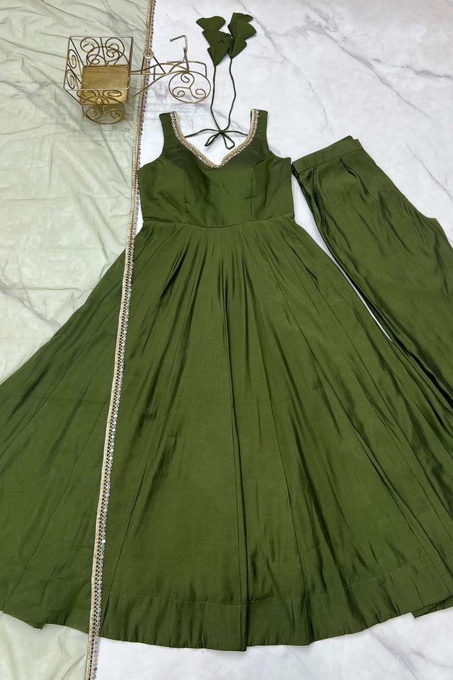 Dark Green Solid Chanderi Anarkali Suit Set