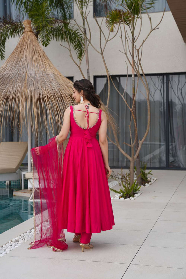 Pink Solid Chanderi Anarkali Suit Set