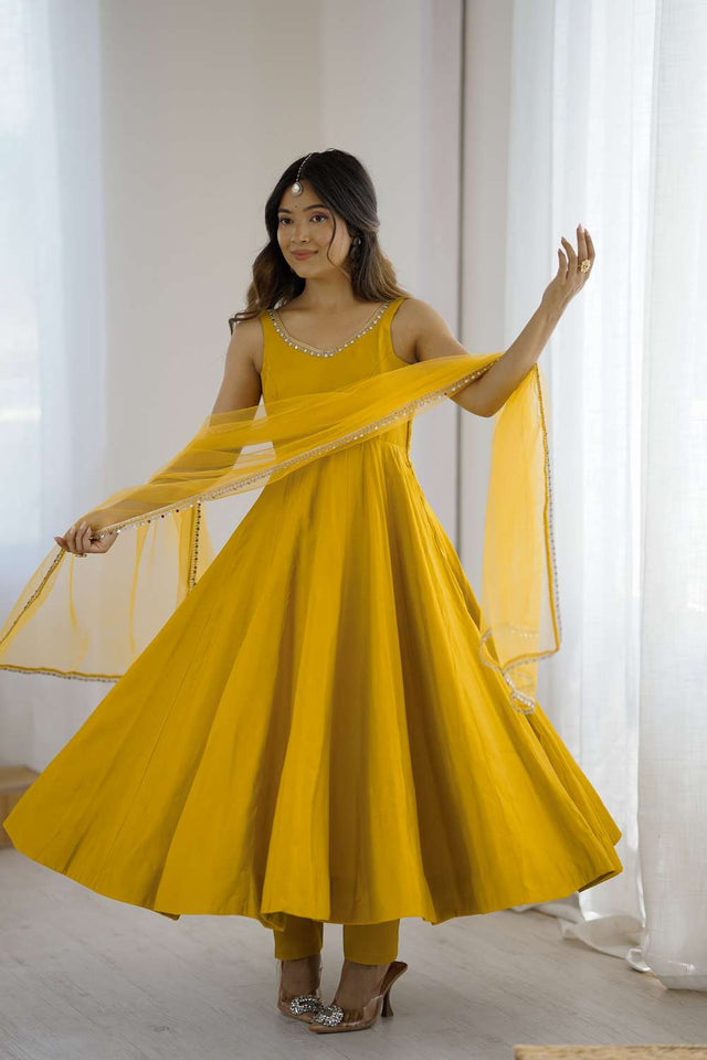 Yellow Solid Chanderi Anarkali Suit Set