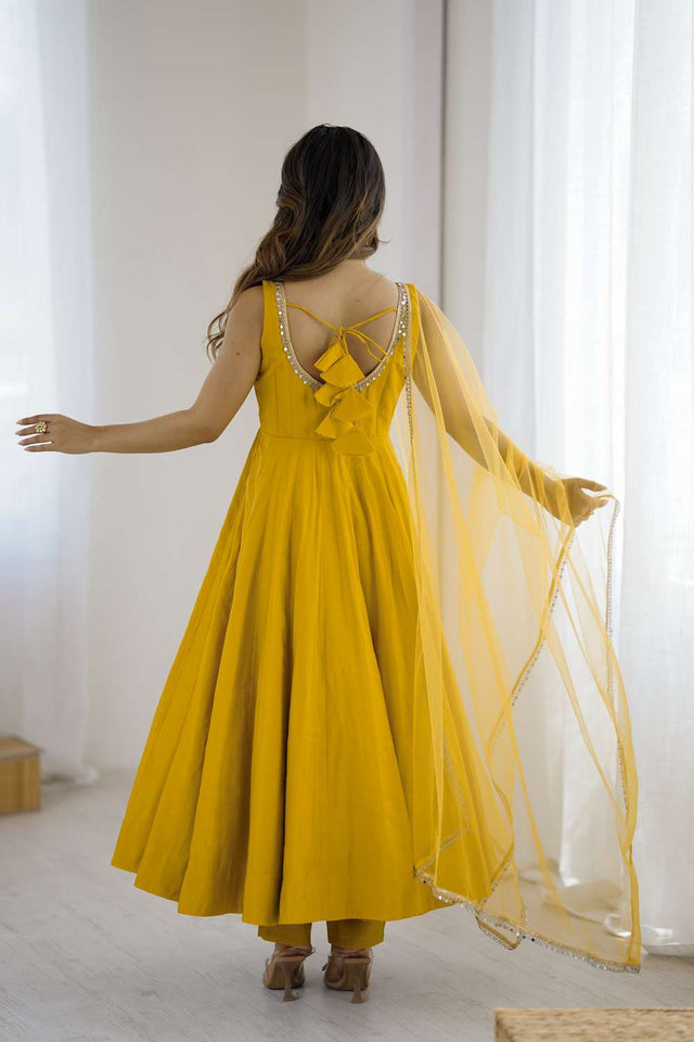 Yellow Solid Chanderi Anarkali Suit Set