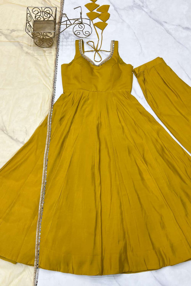 Yellow Solid Chanderi Anarkali Suit Set