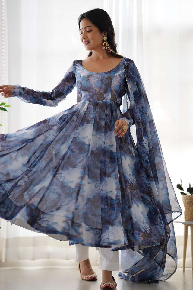 Navy Blue Abstract Printed Organza Anarkali Suit Set