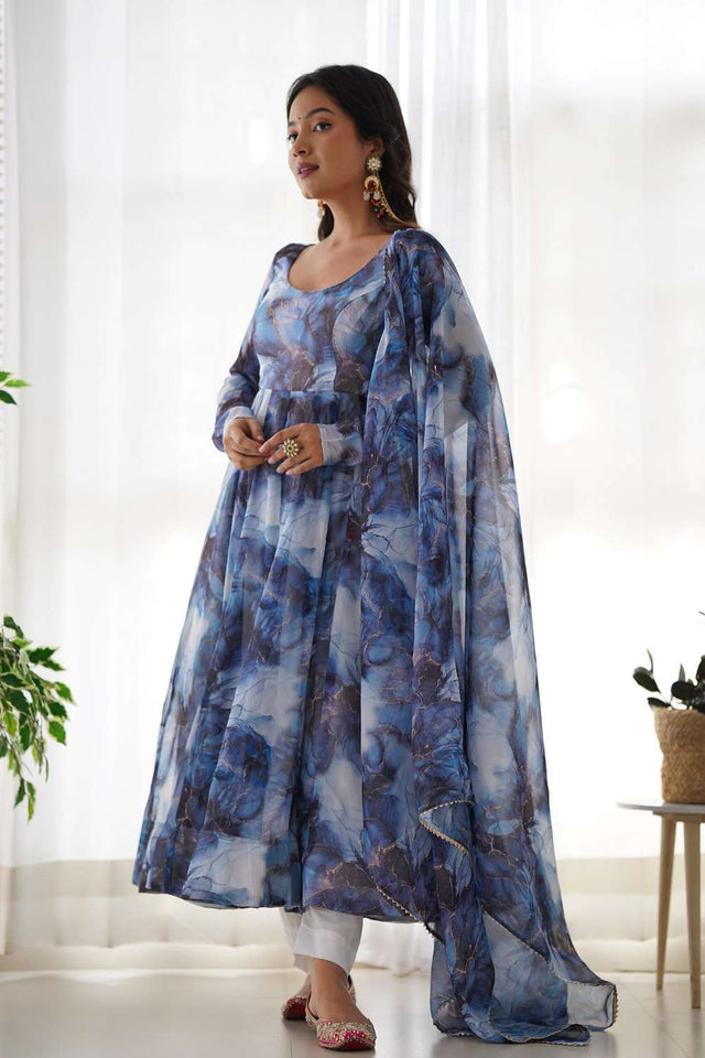 Navy Blue Abstract Printed Organza Anarkali Suit Set