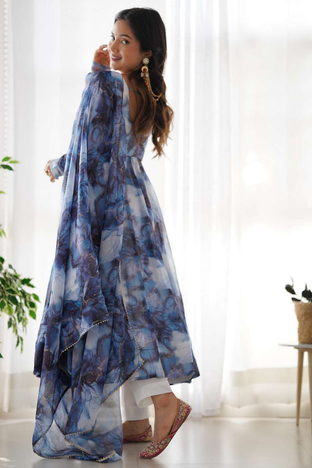 Navy Blue Abstract Printed Organza Anarkali Suit Set