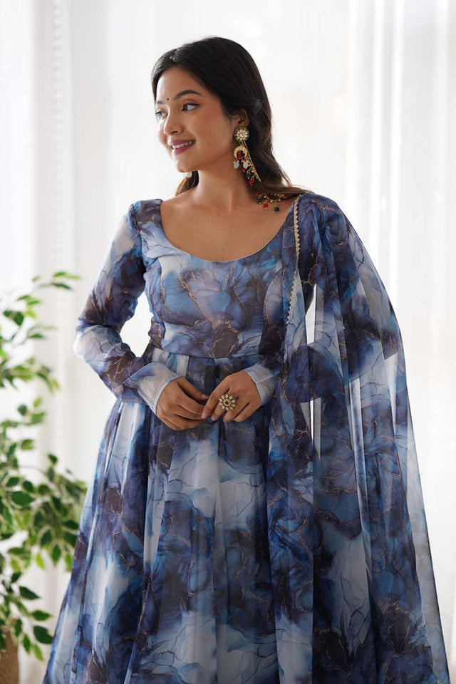 Navy Blue Abstract Printed Organza Anarkali Suit Set
