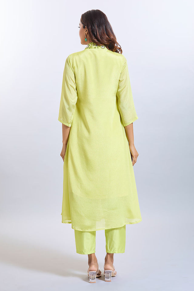 Yellow Soild Silk Kurti Pant Set