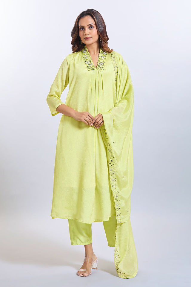 Yellow Soild Silk Kurti Pant Set
