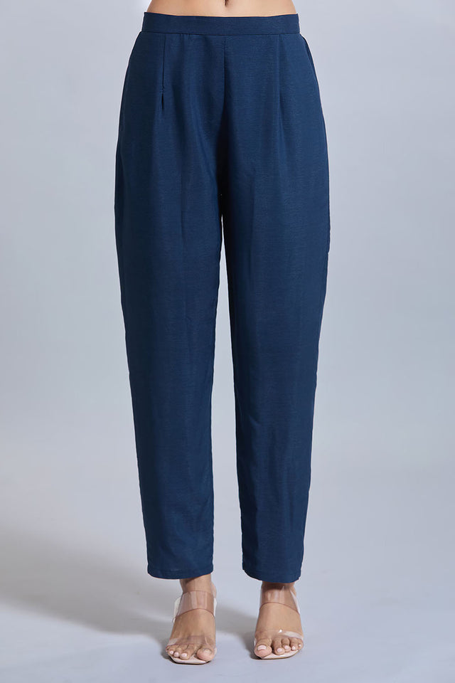 Blue Solid Silk Kurti Pant Set