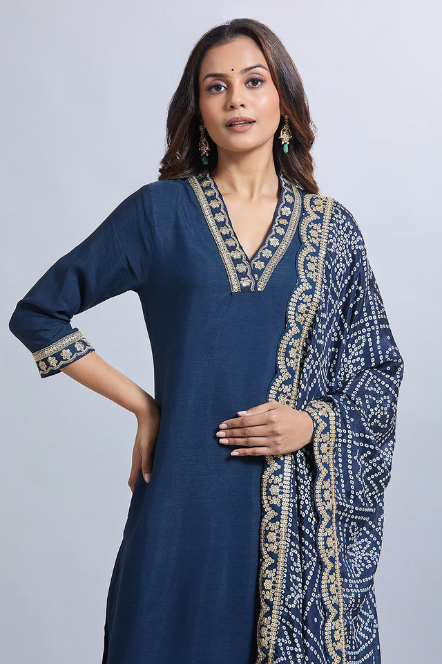 Blue Solid Silk Kurti Pant Set