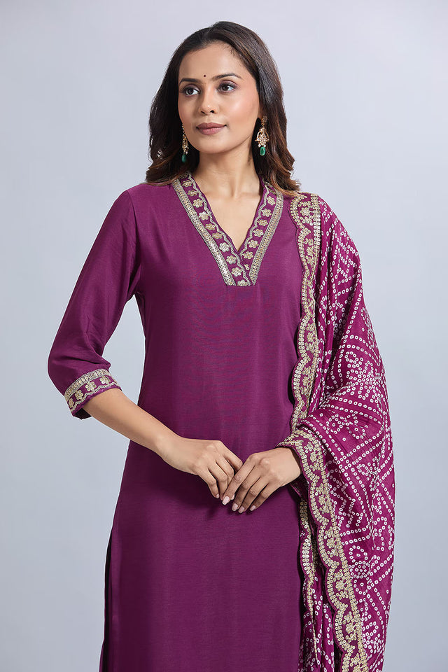 Purple Solid Silk Kurti Pant Set