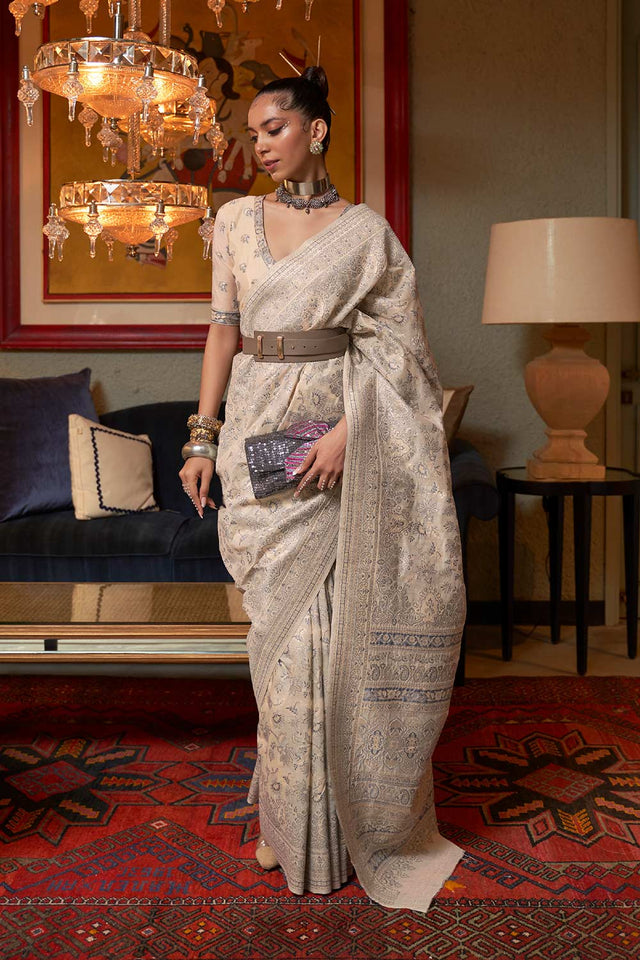 Kafreen Cream Modal Woven Saree
