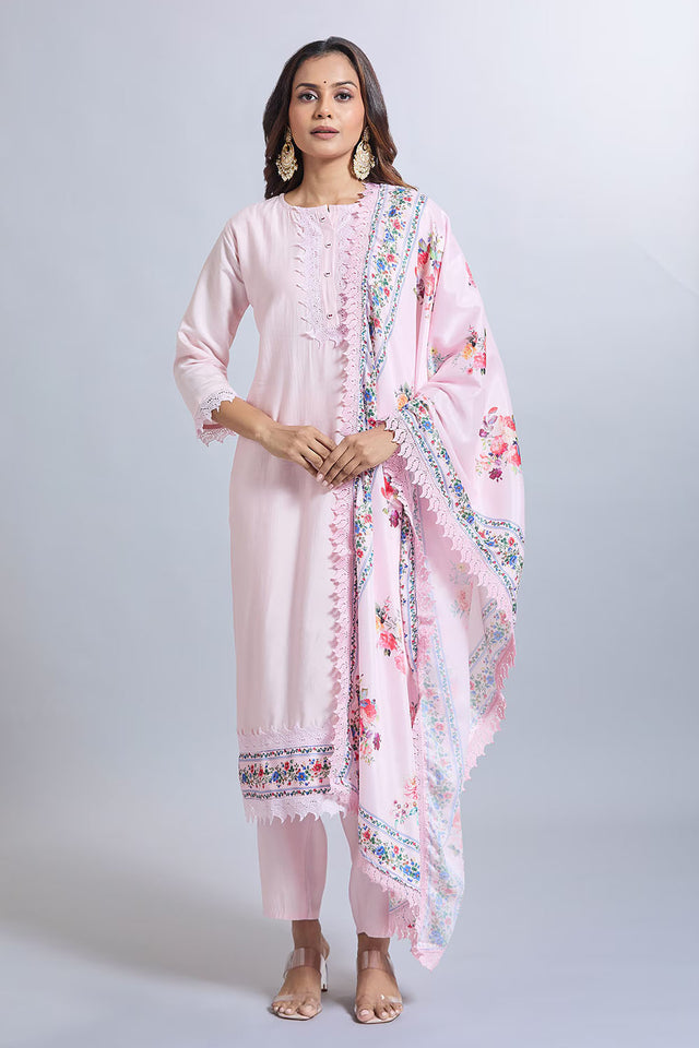Pink Embroidered Chandheri Kurti Pant Set