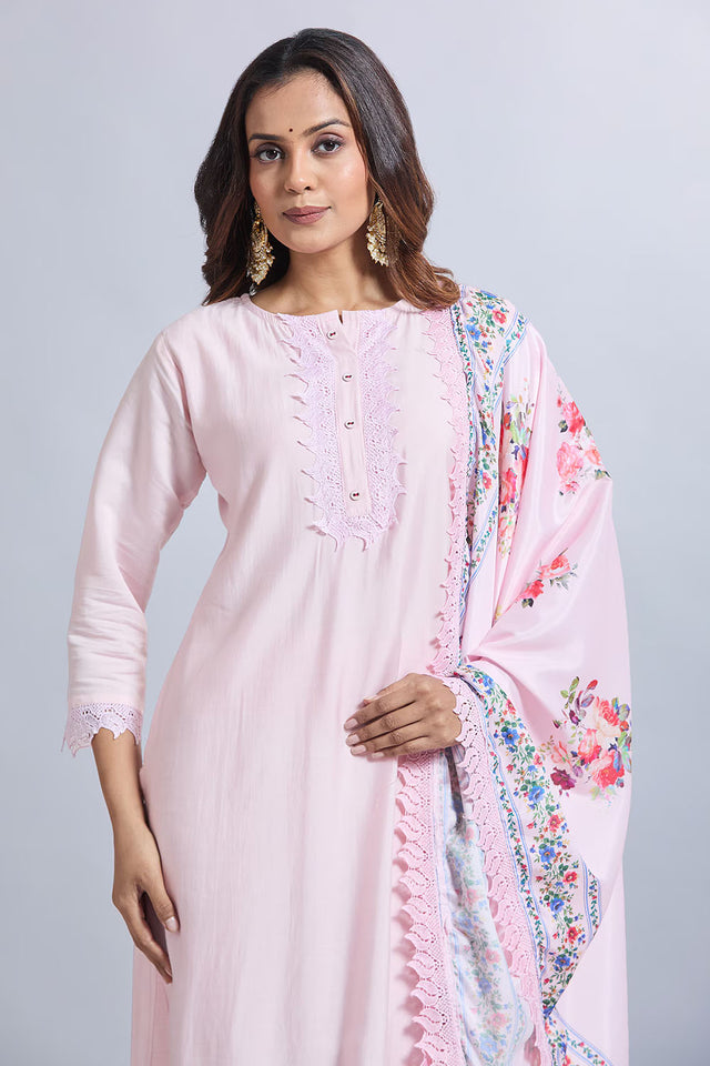 Pink Embroidered Chandheri Kurti Pant Set